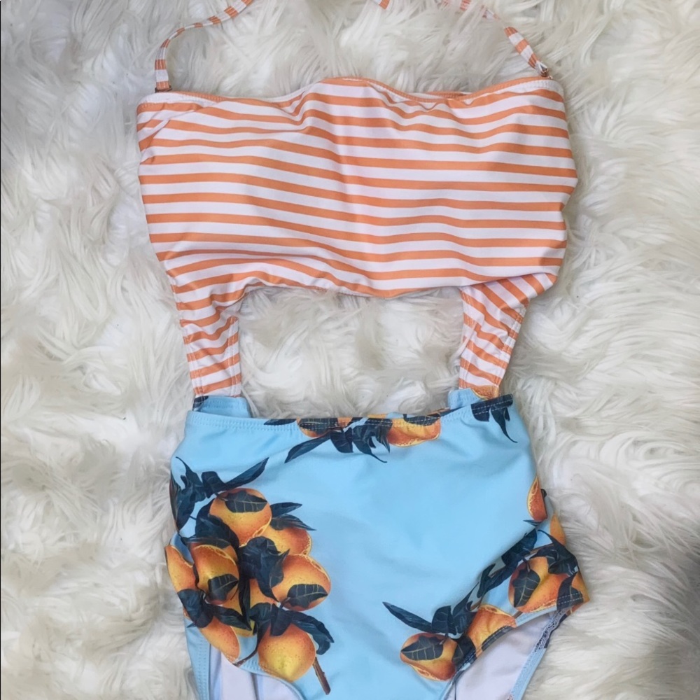 Shein one piece oranges bikini with stripes & bows